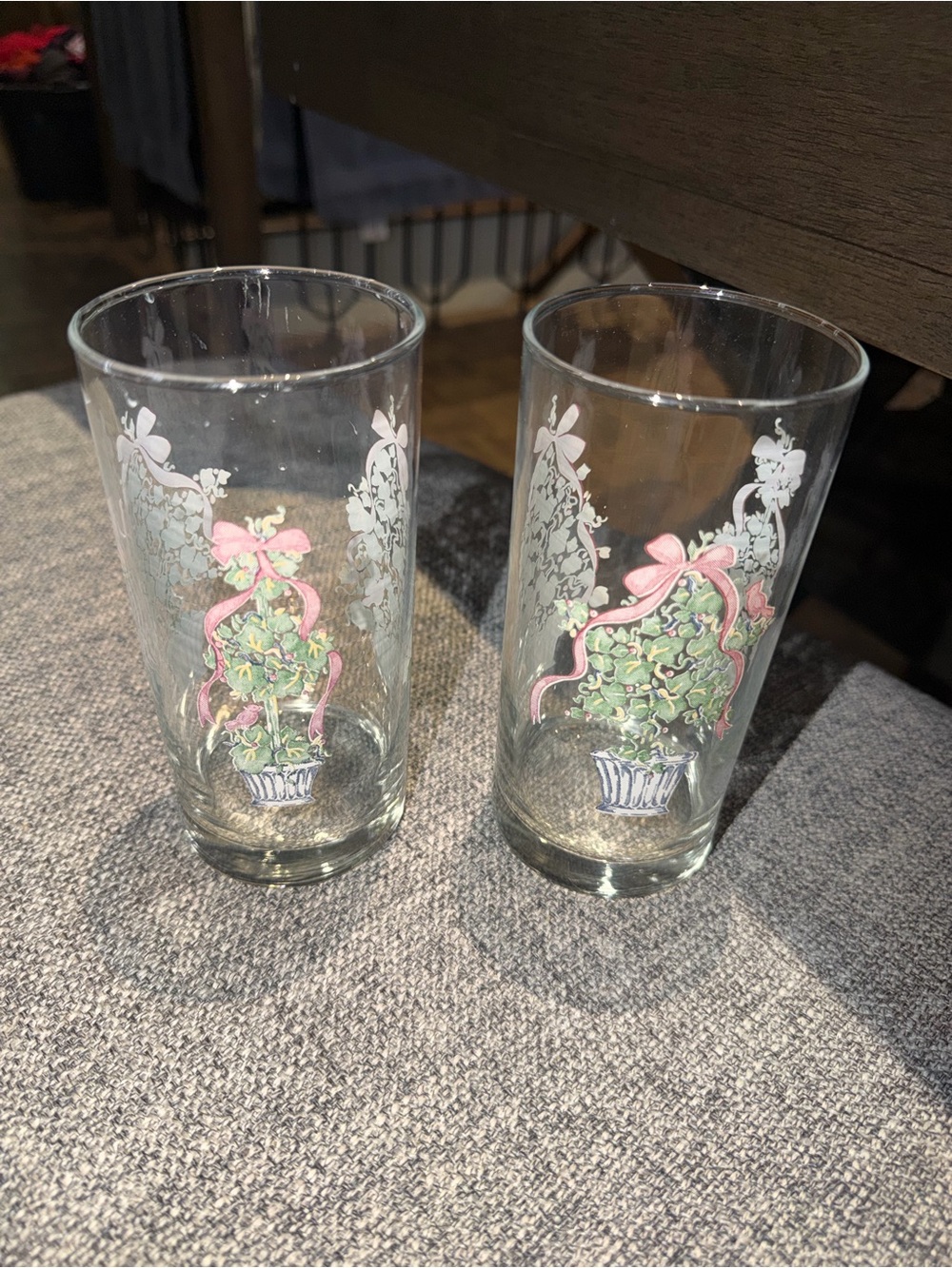 Vintage Pink Ribbon Topiary Glass Tumblers - Set of 2